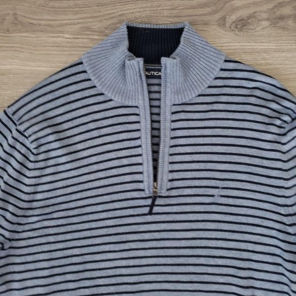 Nautica Mock Turtleneck Striped Knit Pullover Sweater Blue Size Medium - Picture 2 of 11